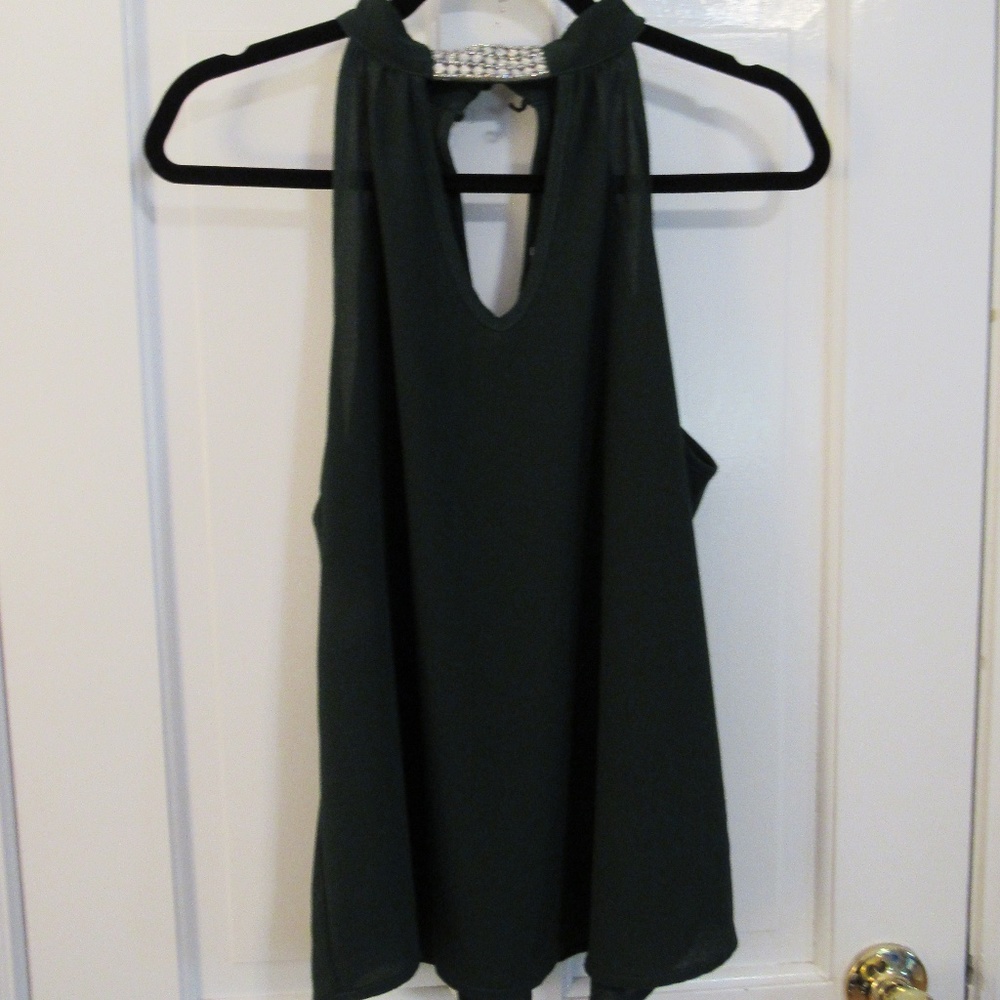 Emerald Green Blouse cute crystal neck